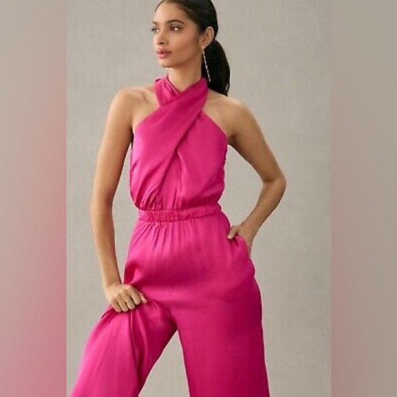 Anthropologie DOLAN Left Coast Pink Satin Halter Jumpsuit Size XS NWT - Picture 2 of 11